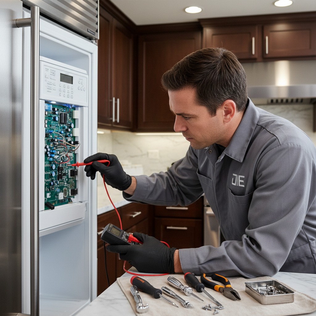 Professional technician diagnosing a built-in refrigerator